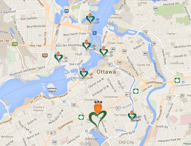 Mapa das tulipas em Ottawa