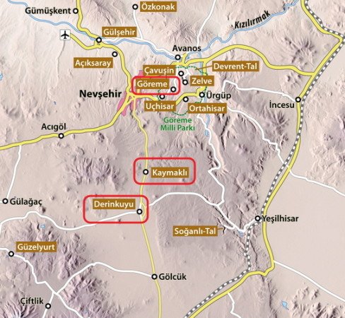 As cidades subterrâneas da Capadócia mapa