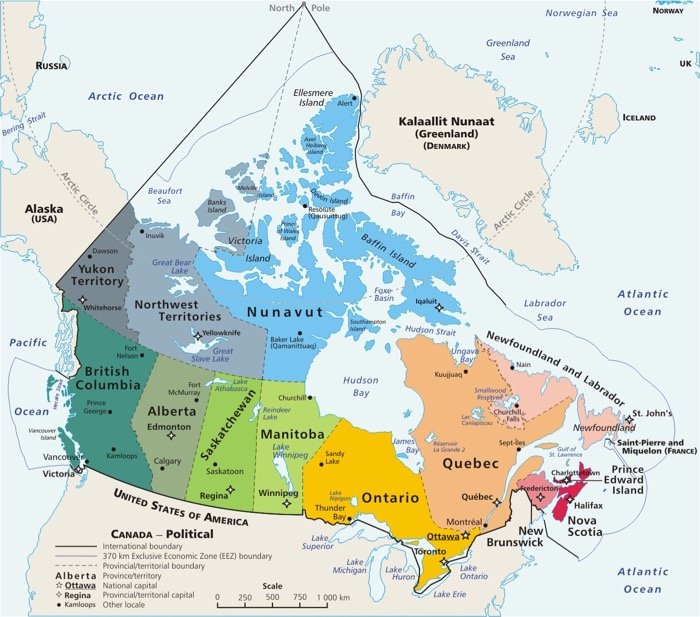 Mapa das regiões do Canadá